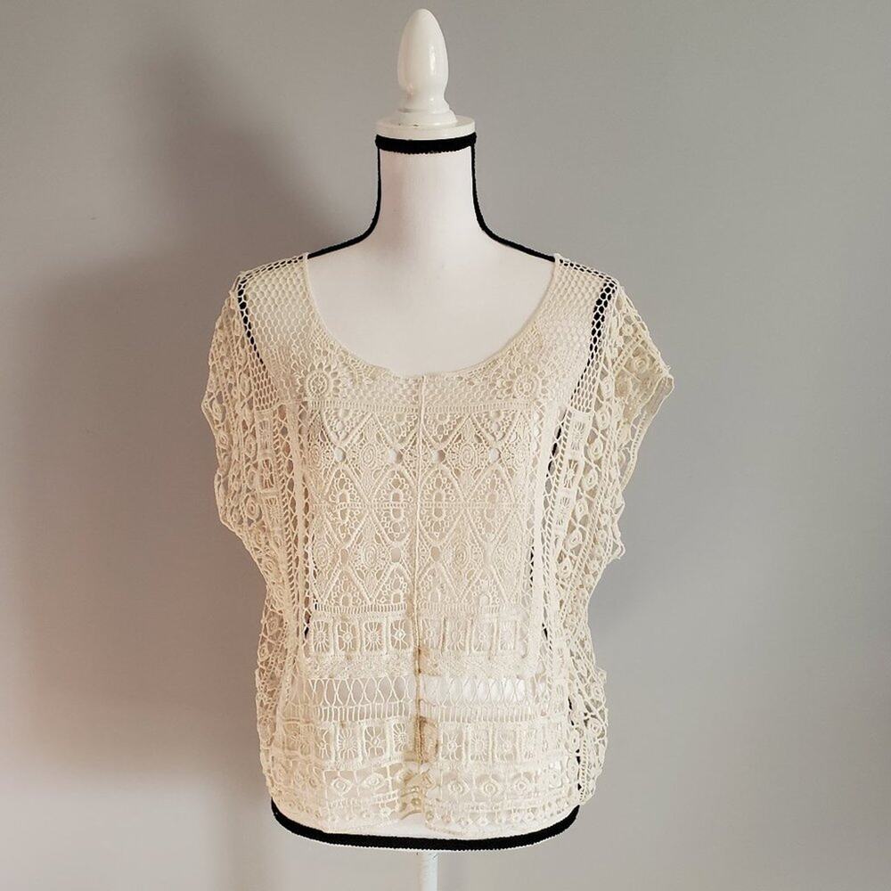 LC Lauren Conrad Cream Sleeveless Open Crochet Top L